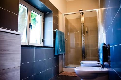 a blue bathroom with a toilet and a shower at B&B L'Uliveto in Marina di Schiavonea