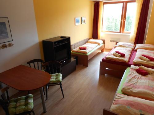 ラムゾヴァーにあるApartment Ramzová Adam 25のベッド3台、テーブル、テーブル、椅子が備わる客室です。
