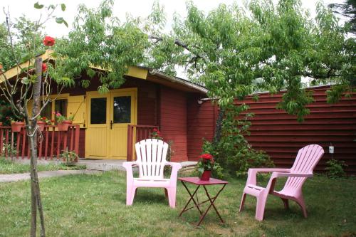 two chairs and a table in front of a house at Chalet aux pied des vignes in Montigny