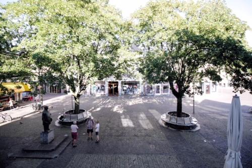 a group of people walking down a street with trees at Aparthotel Le Provence in Sneek