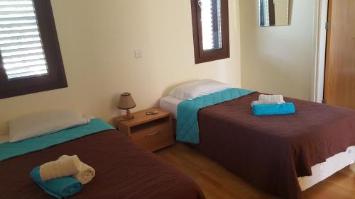 a bedroom with two beds and a table with a lamp at Villa Oleander in Kouklia