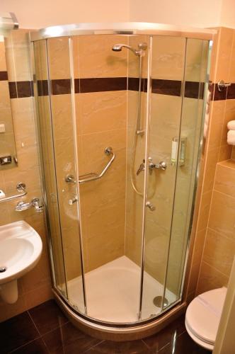 a shower with a glass door in a bathroom at Hotel Certovka in Prague