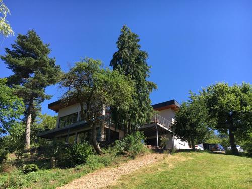 a house on the side of a hill with trees at Ferienhaus HAAGALM in Primstal