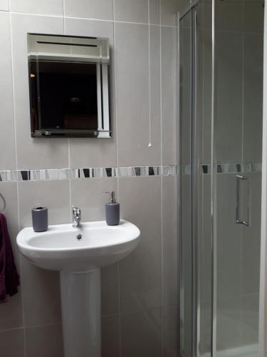 La salle de bains blanche est pourvue d'un lavabo et d'une douche. dans l'établissement Grove lodge, à Aglish