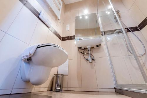 a bathroom with a sink and a shower at Luxury & Panorama Apartments in Budapest