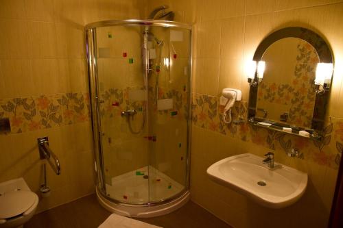y baño con ducha y lavamanos. en Hotel Karolinka, en Gogolin