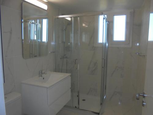 a bathroom with a shower and a sink and a toilet at Kermia Court - Beach-front, modern 2 bedroom -sleeps 6 in Limassol
