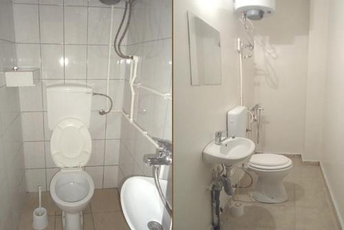 a small bathroom with a toilet and a sink at HILJADNIKOV Apartments in Štip