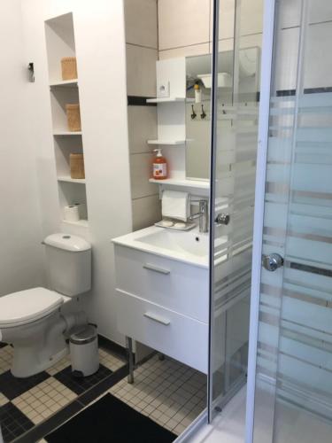 une salle de bain avec toilettes, lavabo et douche dans l'établissement La Villersoise - Grand studio 4 personnes, à Villers-sur-Mer