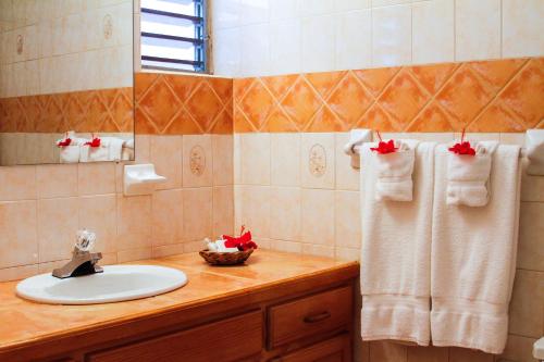 a bathroom with a sink and a mirror at Antigua Village Beach Resort in Saint Johnʼs