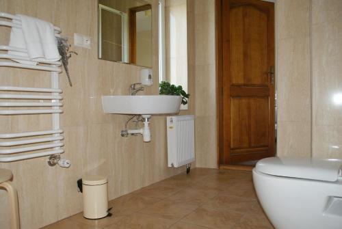 a bathroom with a white toilet and a sink at Lawendowe Siedlisko in Zator