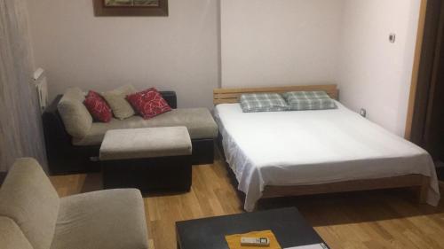 mały pokój z 2 łóżkami i kanapą w obiekcie Apartman Snow White w Nowym Sadzie