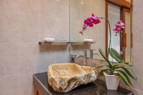 uma casa de banho com um lavatório de pedra e uma planta em Uma Galih Ubud Villa em Ubud