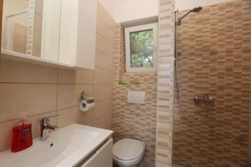 a bathroom with a shower and a toilet and a sink at House Car Mirko in Šilo