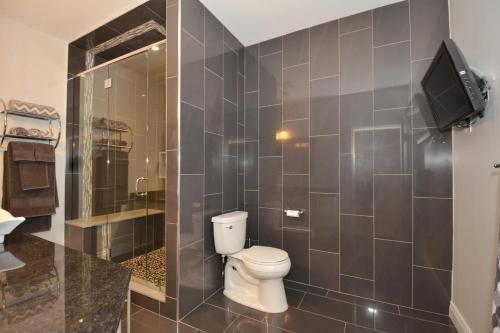 a bathroom with a toilet and a television in it at The SoMa Furnished Residences in Hamilton
