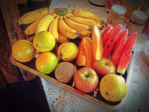 a tray of fruit and vegetables on a table at Sítio Colibri - Serra da Mantiqueira in Brazópolis
