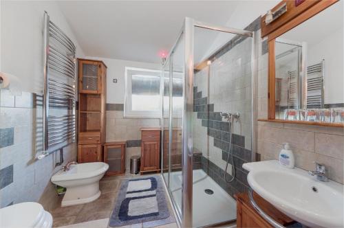 a bathroom with a shower and a sink and a toilet at Apartment San in Ližnjan