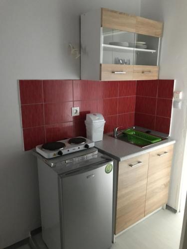 a small kitchen with a stove and red tiles at Petska Apartments in Leptokaria