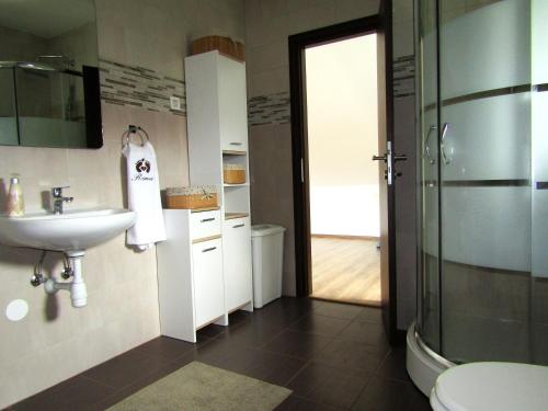a bathroom with a sink and a shower and a toilet at Apartment & Room Renee in Osijek