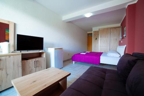 a living room with a couch and a bed at Apartments Art in Ulcinj