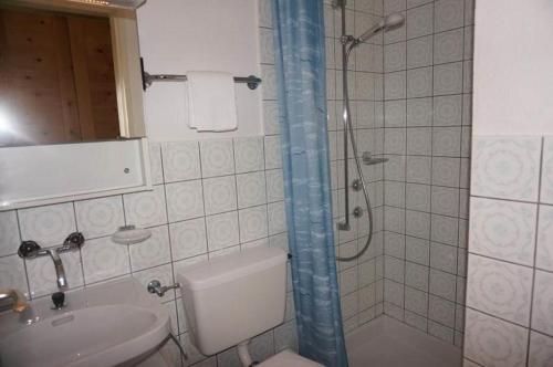 アローザにあるParadies 203のバスルーム(シャワー、トイレ、シンク付)