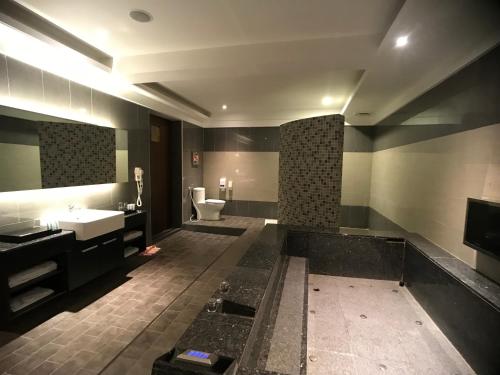 平鎮區的住宿－莫尼旅店，一间带水槽和卫生间的大浴室
