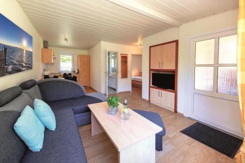 ein Wohnzimmer mit einem Sofa und einem Tisch in der Unterkunft Ferienpark Heidenholz in Plau am See