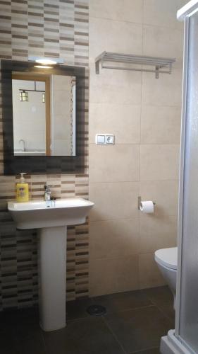 a bathroom with a sink and a mirror and a toilet at La Villa in El Burgo