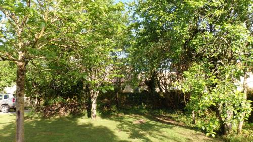 une cour avec des arbres et une voiture garée à l'intérieur dans l'établissement La Grange de Pierre, à Saint-Martin-du-Fouilloux