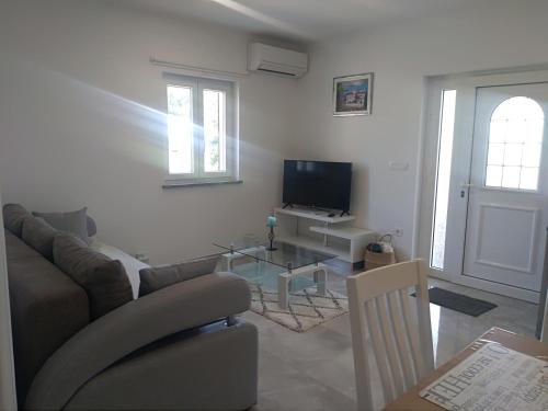 uma sala de estar com um sofá e uma mesa com uma televisão em Apartment Ivana em Novigrad