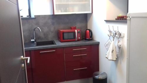 a kitchen with a red microwave and a sink at le bois du loup en brocéliande in Paimpont