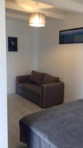 a living room with a brown couch in a room at le bois du loup en brocéliande in Paimpont