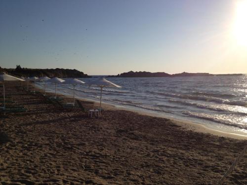 a row of umbrellas on a beach with the ocean at Iris Apartments in Minia