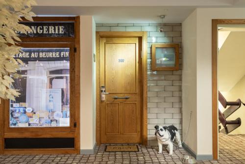 a dog sitting in front of a door at Embassy Hotel Tel Aviv in Tel Aviv