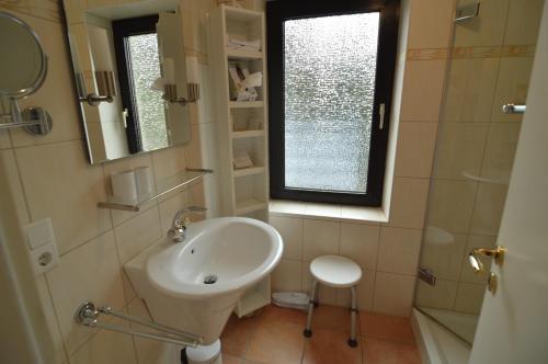 ein kleines Bad mit einem Waschbecken und einem Fenster in der Unterkunft Landhotel Maarheide in Niederdürenbach