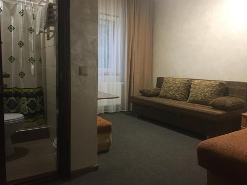 a living room with a couch and a toilet at Dikii Med in Geletintsy