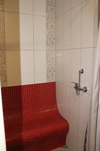 a shower with a red seat in a bathroom at Dikii Med in Geletintsy