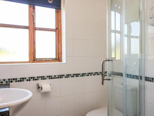 een badkamer met een wastafel, een toilet en een raam bij Cabin in Budock Water