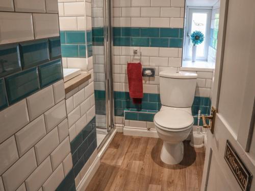 uma casa de banho com um WC e um chuveiro em The Little Flat em Barnard Castle