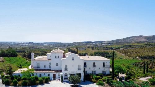an aerial view of a white house in a vineyard at B Bou Hotel Cortijo Bravo in Vélez-Málaga
