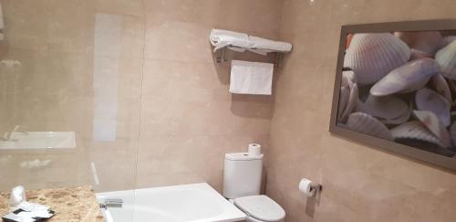a bathroom with a toilet and a picture on the wall at Hotel Restaurante El Valles 4 ESTRELLAS in Briviesca