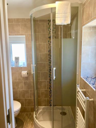 a bathroom with a shower and a toilet at Corona Blackpool in Blackpool