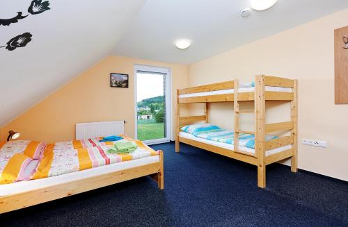 a bedroom with two bunk beds and a ladder at Vila Poule in Bohutín