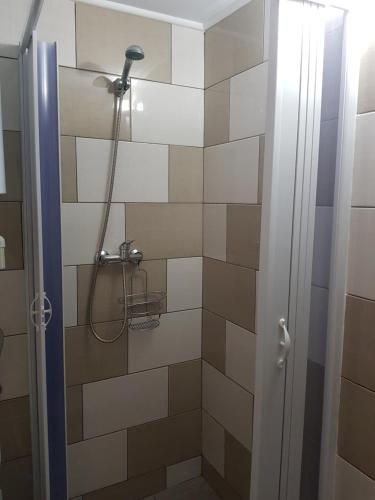 a bathroom with a shower with brown and white tiles at Casutele Intim in Costinesti