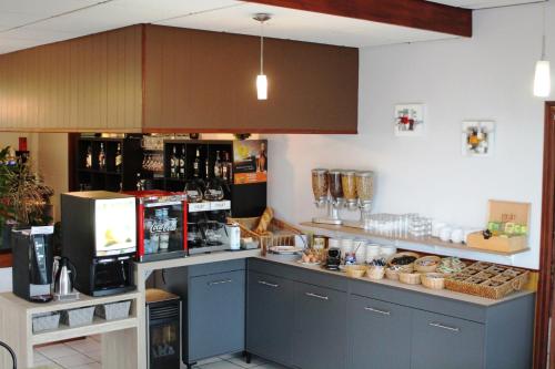 a kitchen with a counter with aasteryasteryasteryasteryasteryasteryasteryasteryastery at Hôtel des Chazes in Saint-Jacques-des-Blats