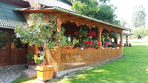a wooden garden shed with flowers and plants at Pensiunea Maria in Rohia
