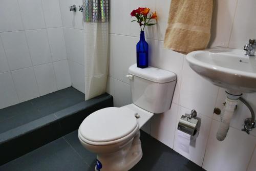 a bathroom with a toilet and a sink with a blue vase at Hotel Norte in Cuenca