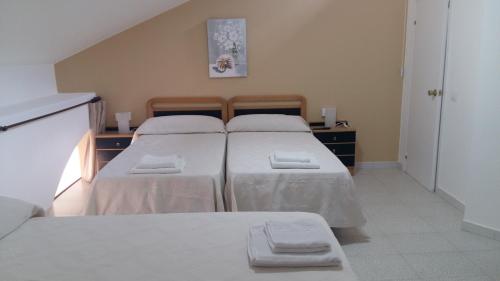 ケロリオにあるPensión El Tabanuのツインベッド2台が備わる客室です。
