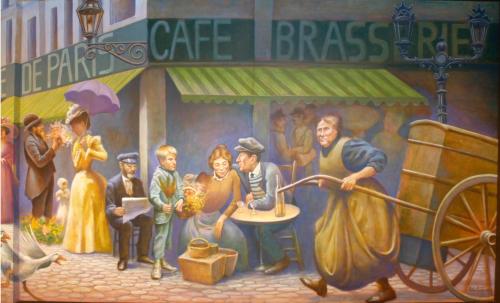 a painting of a group of people in front of a cafe business at Hotel et le Cafe de Paris in Apeldoorn