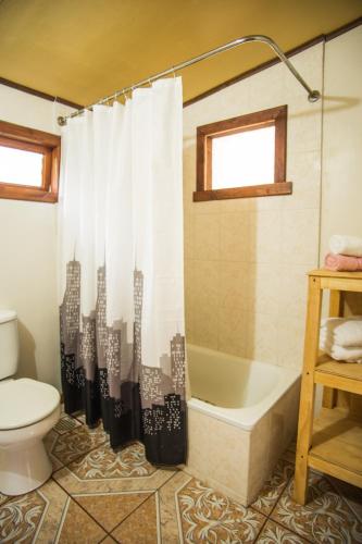 a bathroom with a shower curtain with a bath tub and a toilet at Apart hotel Puchaley Lafquen in Panguipulli